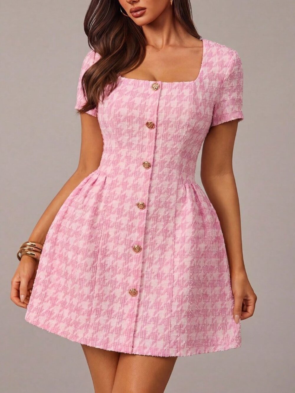 Pink Elegant Women's Mini A-Line Dresswith Metal Buckle, Tweed Plaid - Picture 5 of 6